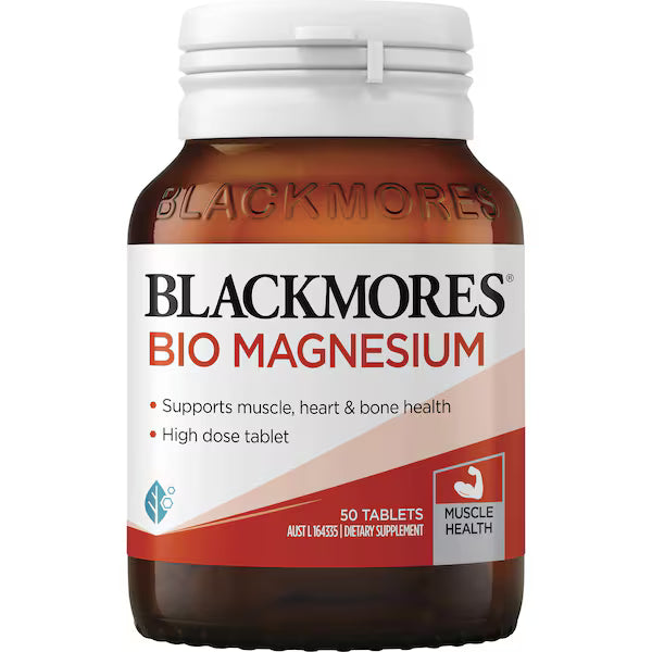 Blackmores Bio Magnesium Muscle Health Tablets 50 Pack, designed to support muscle function and reduce cramps, featuring a white bottle with a green label.