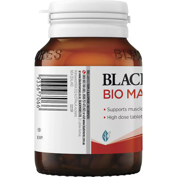 Blackmores Bio Magnesium Muscle Health Tablets 50 Pack, designed to support muscle function and reduce cramps, featuring a white bottle with a green label.