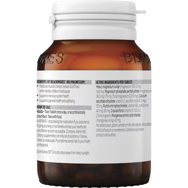 Blackmores Bio Magnesium Muscle Health Tablets 50 Pack, designed to support muscle function and reduce cramps, featuring a white bottle with a green label.