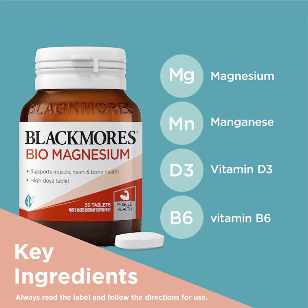 Blackmores Bio Magnesium Muscle Health Tablets 50 Pack, designed to support muscle function and reduce cramps, featuring a white bottle with a green label.