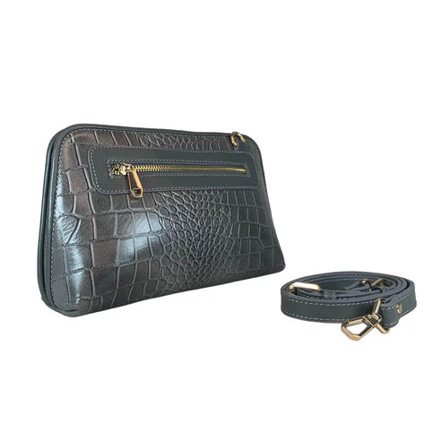 LeatherLuxe silver leather clutch and crossbody bag with detachable shoulder strap, elegant metallic finish, and minimalist luxury design for evening and casual wear.
