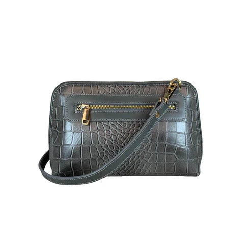 LeatherLuxe silver leather clutch and crossbody bag with detachable shoulder strap, elegant metallic finish, and minimalist luxury design for evening and casual wear.