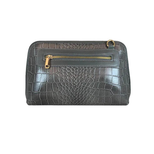 LeatherLuxe silver leather clutch and crossbody bag with detachable shoulder strap, elegant metallic finish, and minimalist luxury design for evening and casual wear.