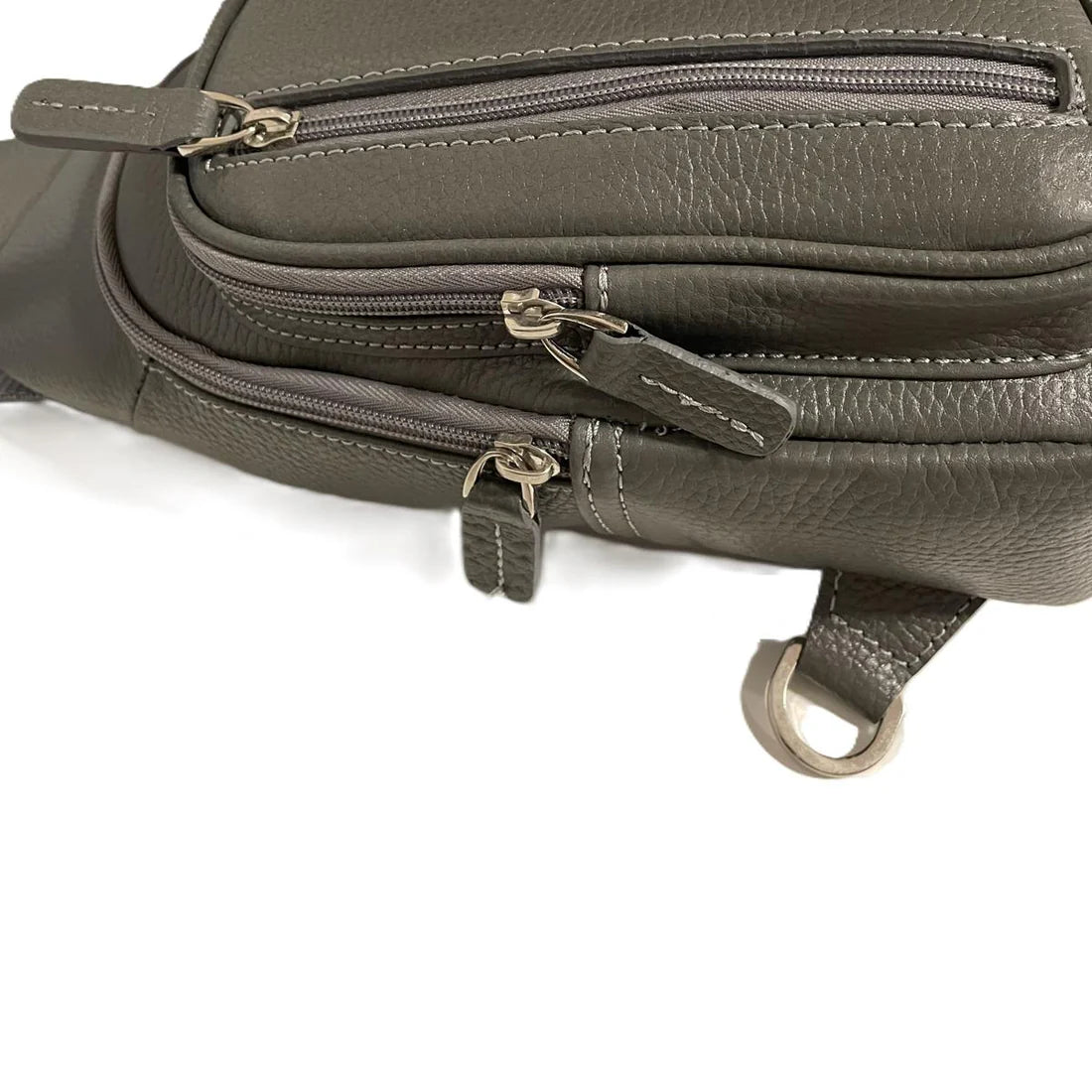 LeatherLuxe grey leather unisex sling bag – premium crossbody shoulder bag with adjustable strap, modern minimalist design, ideal for everyday use.