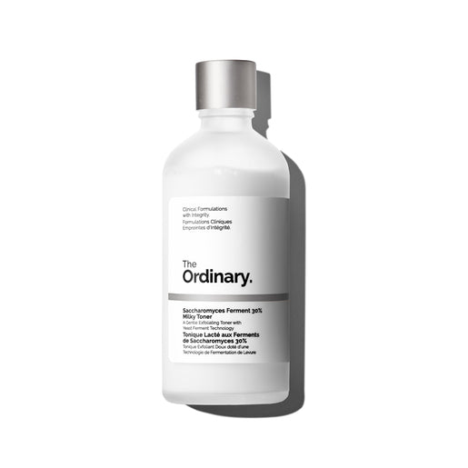 Close-up of The Ordinary Saccharomyces Ferment 30% Milky Toner 100mL bottle with a sleek design, featuring rich, milky liquid and clear labeling.