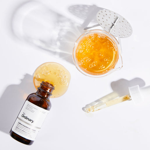 The Ordinary Caffeine Solution 5% + EGCG 30mL bottle with dropper on a white background, highlighting its skincare benefits 