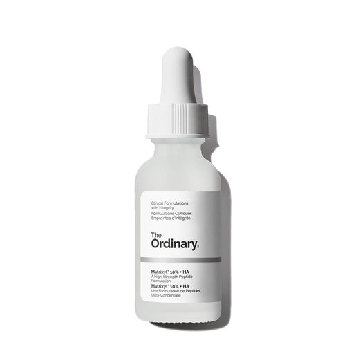 The Ordinary Matrixyl 10% + HA 30mL serum bottle with anti-aging benefits.