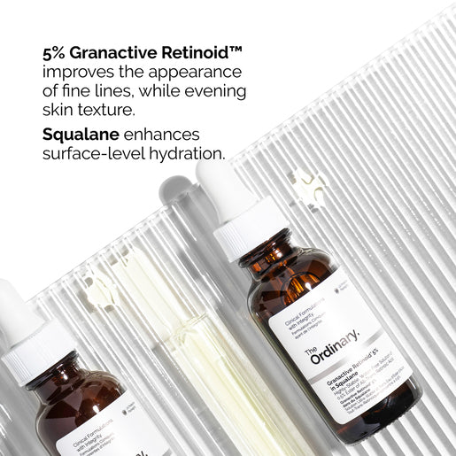 The Ordinary Granactive Retinoid 5% in Squalane 30mL bottle with clear label and dropper.