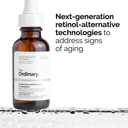 The Ordinary Granactive Retinoid 5% in Squalane 30mL bottle with clear label and dropper.