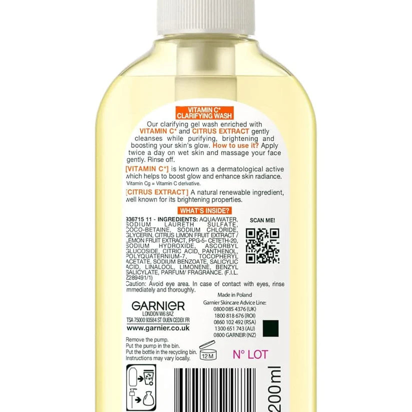 Garnier Skin Active Vitamin C Clarifying Wash 200ml brightening facial cleanser