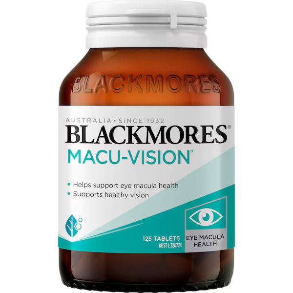 Blackmores Macu Vision Eye Care Vitamin Tablets 125 pack for optimal eye health, featuring advanced antioxidants and nutrients designed to support macular and retinal health.