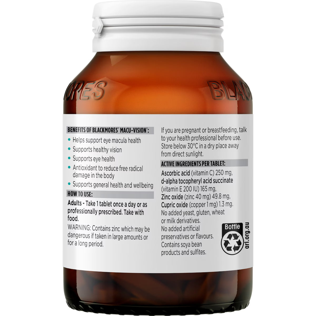 Blackmores Macu Vision Eye Care Vitamin Tablets 125 pack for optimal eye health, featuring advanced antioxidants and nutrients designed to support macular and retinal health.