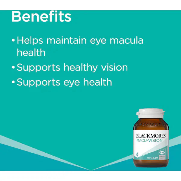 Blackmores Macu Vision Eye Care Vitamin Tablets 125 pack for optimal eye health, featuring advanced antioxidants and nutrients designed to support macular and retinal health.