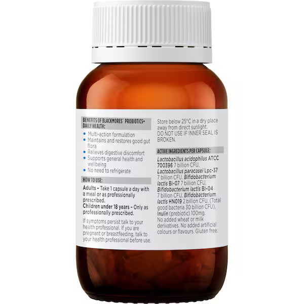 Blackmores Probiotics+ Daily Health Gut Health Vitamin Capsules 30 pack – daily probiotic supplement supporting digestive balance, immune system health, and overall wellbeing.