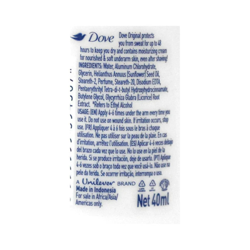 Dove Roll On Deodorant Original 40ml gentle underarm protection