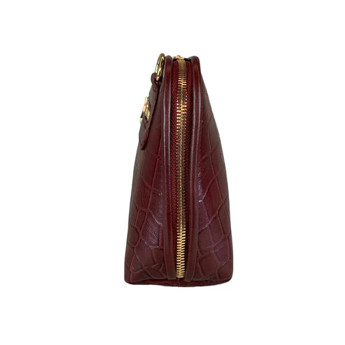 Elegant dark red genuine leather clutch bag with shoulder strap and crossbody design — LeatherLuxe premium women’s handbag