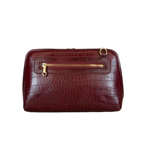 Elegant dark red genuine leather clutch bag with shoulder strap and crossbody design — LeatherLuxe premium women’s handbag
