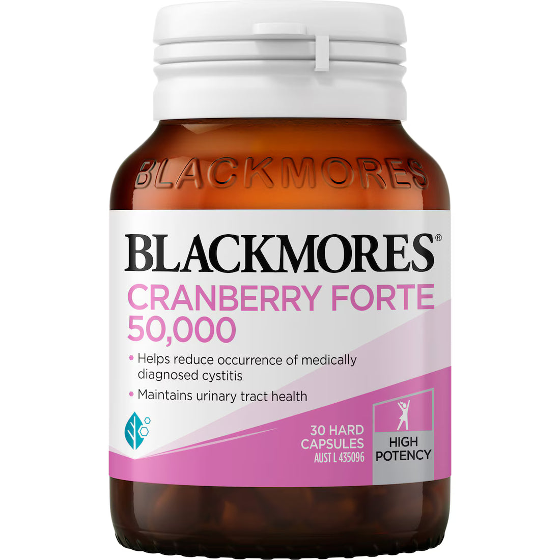 Blackmores Cranberry Forte 50000mg Capsules 30 pack, dietary supplement bottle, designed for urinary tract health.