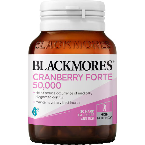 Blackmores Cranberry Forte 50000mg Capsules 30 pack, dietary supplement bottle, designed for urinary tract health.