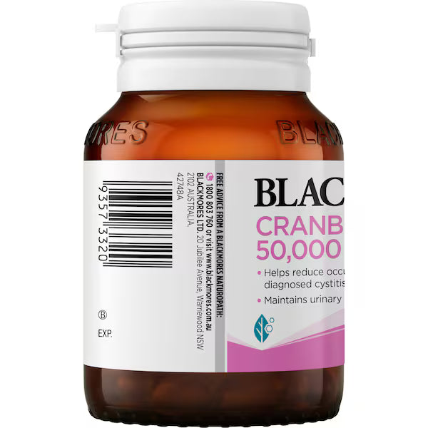 Blackmores Cranberry Forte 50000mg Capsules 30 pack, dietary supplement bottle, designed for urinary tract health.