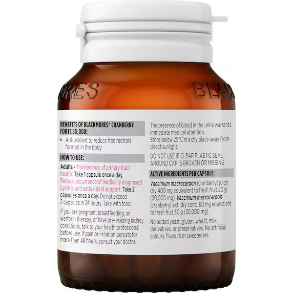 Blackmores Cranberry Forte 50000mg Capsules 30 pack, dietary supplement bottle, designed for urinary tract health.