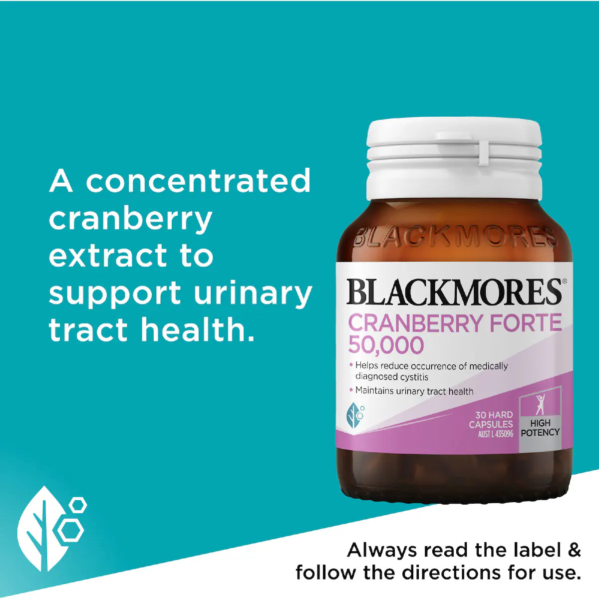 Blackmores Cranberry Forte 50000mg Capsules 30 pack, dietary supplement bottle, designed for urinary tract health.