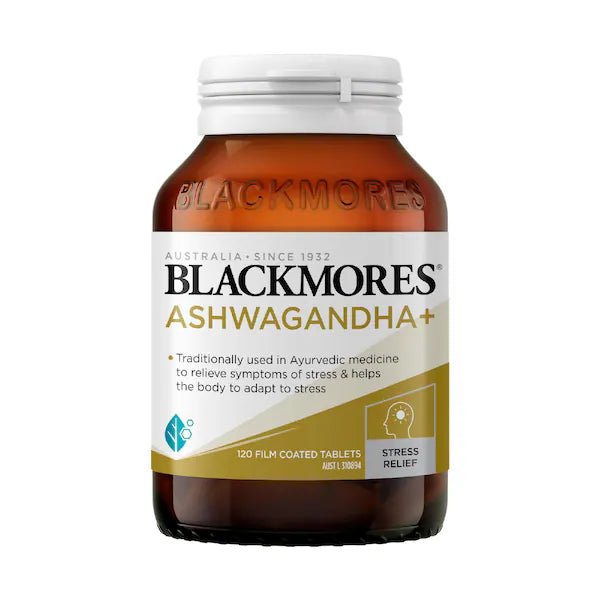 Blackmores Ashwagandha+ Tablets 120 pack, a dietary supplement designed to support stress relief and enhance overall well-being with a potent blend of ashwagandha extract, offering 120 tablets for long-term use.
