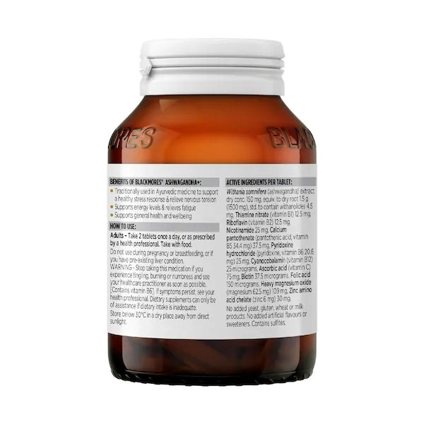 Blackmores Ashwagandha+ Tablets 120 pack, a dietary supplement designed to support stress relief and enhance overall well-being with a potent blend of ashwagandha extract, offering 120 tablets for long-term use.