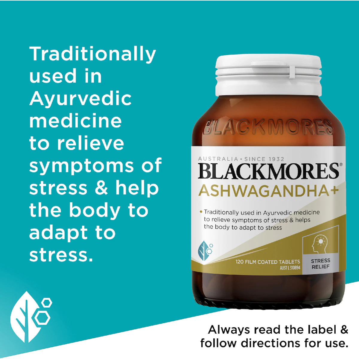 Blackmores Ashwagandha+ Tablets 120 pack, a dietary supplement designed to support stress relief and enhance overall well-being with a potent blend of ashwagandha extract, offering 120 tablets for long-term use.