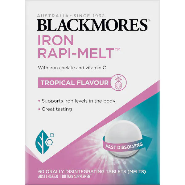 Blackmores Iron Rapi Melt Tablets 60 pack, fast-dissolving iron supplement for energy and vitality.