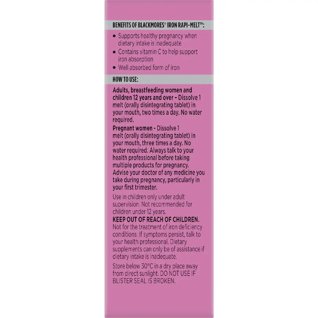 Blackmores Iron Rapi Melt Tablets 60 pack, fast-dissolving iron supplement for energy and vitality.