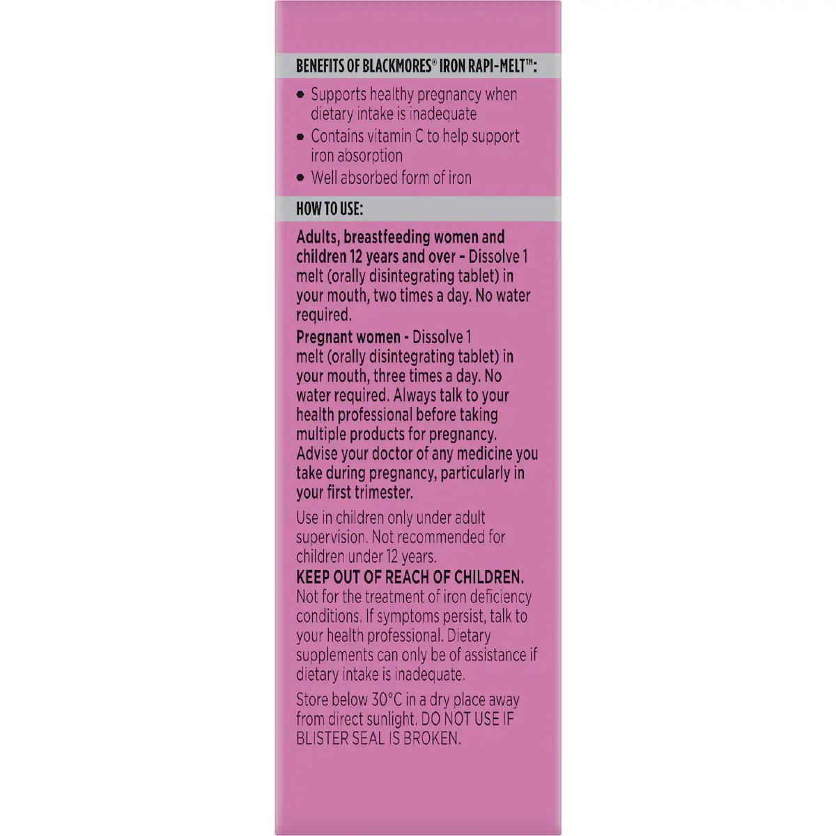 Blackmores Iron Rapi Melt Tablets 60 pack, fast-dissolving iron supplement for energy and vitality.