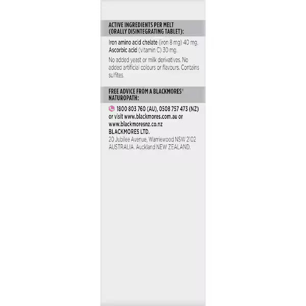 Blackmores Iron Rapi Melt Tablets 60 pack, fast-dissolving iron supplement for energy and vitality.