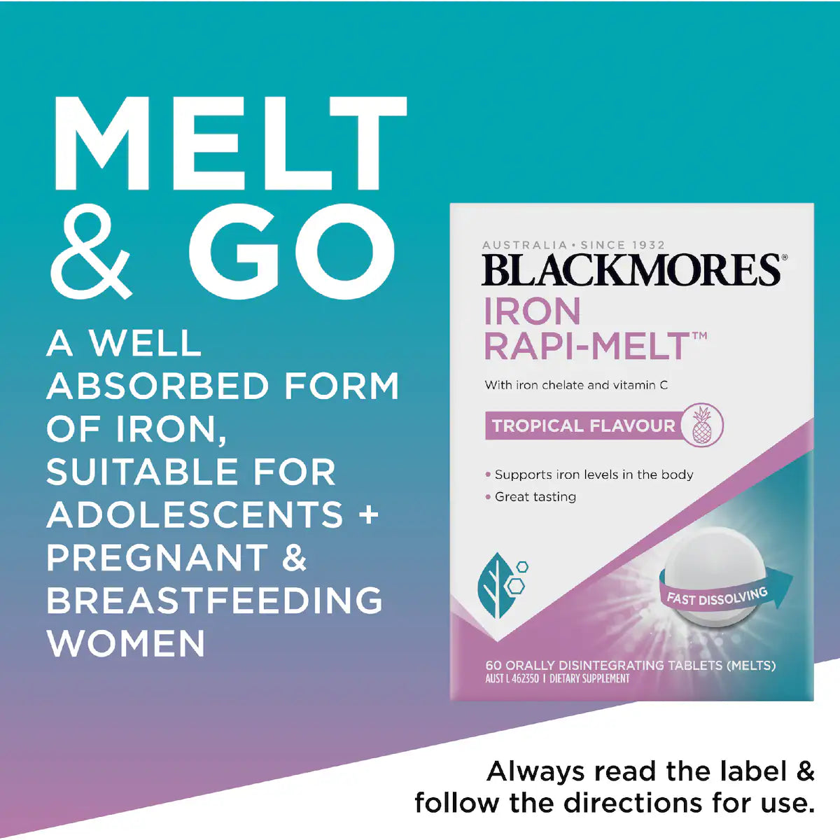 Blackmores Iron Rapi Melt Tablets 60 pack, fast-dissolving iron supplement for energy and vitality.