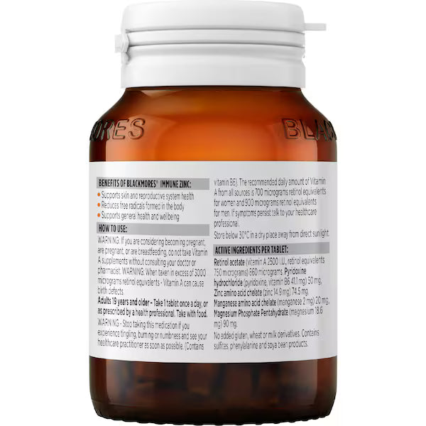 Blackmores Immune Zinc Tablets 120 pack for immune support and overall health, providing a high-quality zinc supplement to strengthen the body’s defense system.