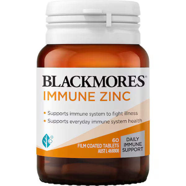 Blackmores Immune Zinc Tablets 60 pack, dietary supplement for immune support, promotes healthy immune function, with 60 easy-to-swallow tablets.
