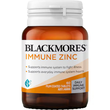 Blackmores Immune Zinc Tablets 60 pack, dietary supplement for immune support, promotes healthy immune function, with 60 easy-to-swallow tablets.