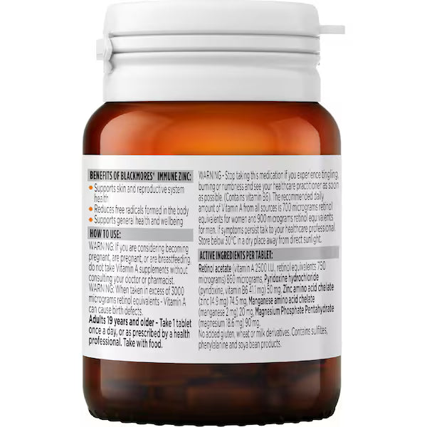 Blackmores Immune Zinc Tablets 60 pack, dietary supplement for immune support, promotes healthy immune function, with 60 easy-to-swallow tablets.