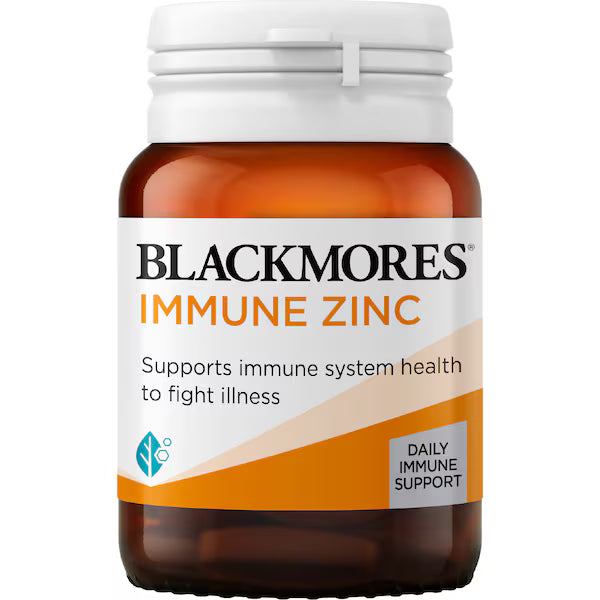 Blackmores Immune Zinc Tablets 60 pack, dietary supplement for immune support, promotes healthy immune function, with 60 easy-to-swallow tablets.