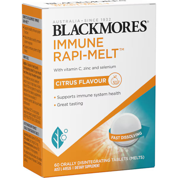 Blackmores Immune Rapi Melt Tablets 60 Pack for immune system support, fast-melting formula, and convenient daily supplement.