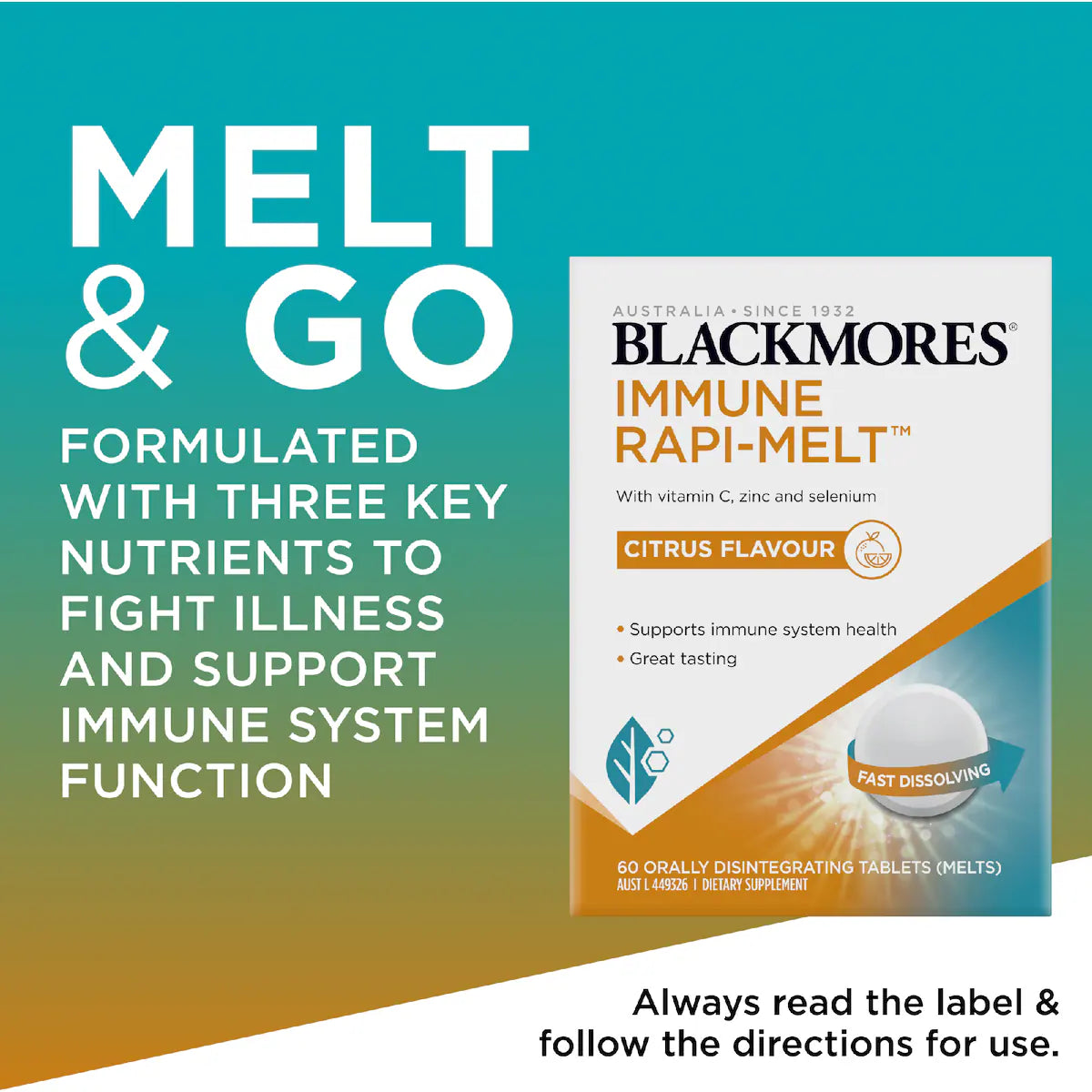 Blackmores Immune Rapi Melt Tablets 60 Pack for immune system support, fast-melting formula, and convenient daily supplement.