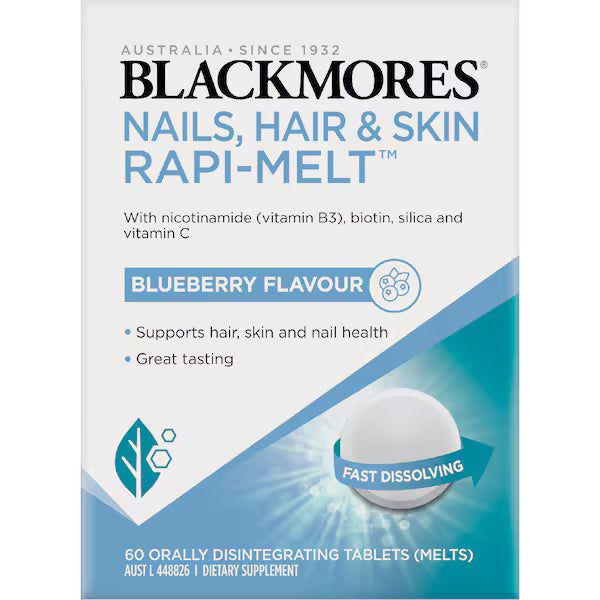 Blackmores Nails Hair & Skin Rapi Melt Blueberry Flavour Tablets 60 pack, a dietary supplement designed to promote healthy nails, hair, and skin with a delicious blueberry flavour.