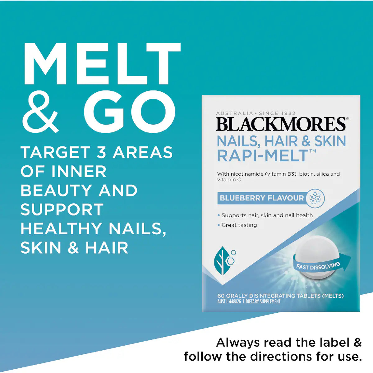 Blackmores Nails Hair & Skin Rapi Melt Blueberry Flavour Tablets 60 pack, a dietary supplement designed to promote healthy nails, hair, and skin with a delicious blueberry flavour.