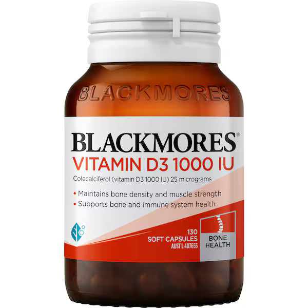 Blackmores Vitamin D3 1000IU Tablets 130 pack, dietary supplement for bone and immune health, supports optimal vitamin D levels.