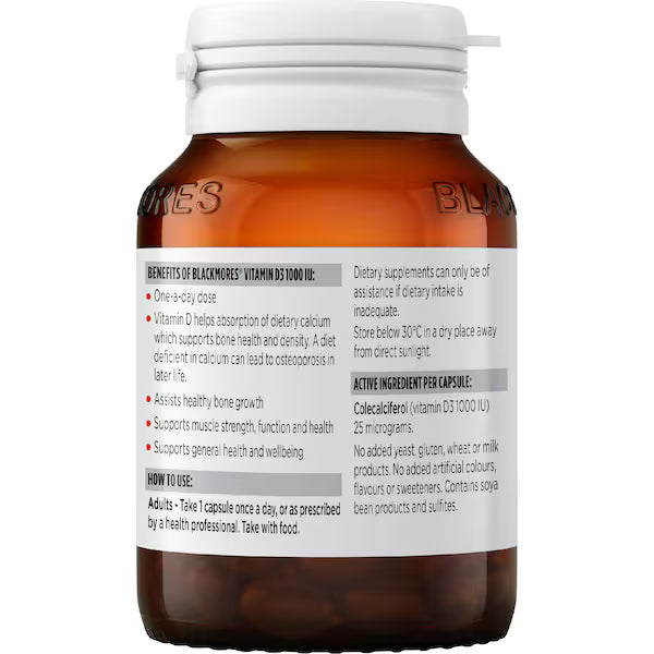 Blackmores Vitamin D3 1000IU Tablets 130 pack, dietary supplement for bone and immune health, supports optimal vitamin D levels.