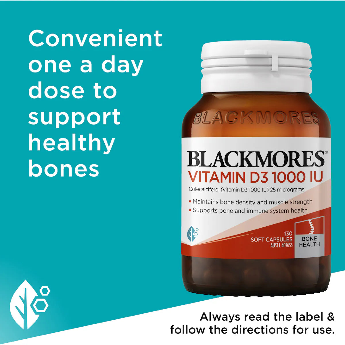 Blackmores Vitamin D3 1000IU Tablets 130 pack, dietary supplement for bone and immune health, supports optimal vitamin D levels.