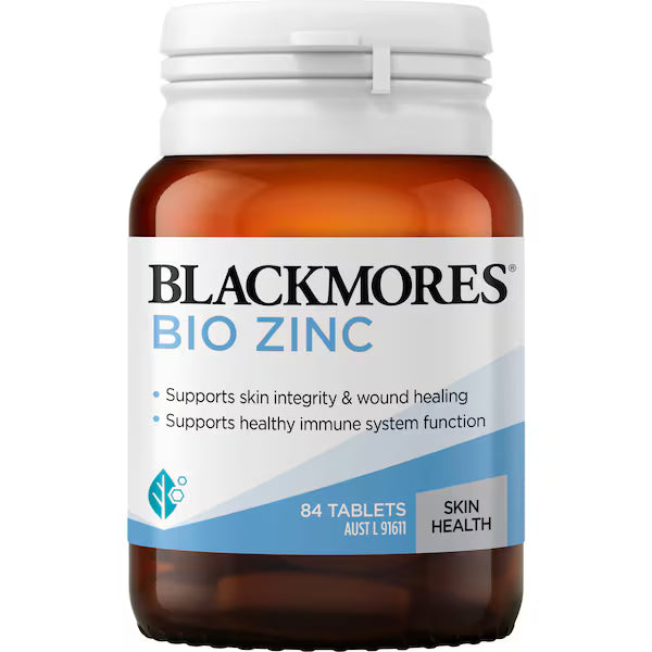 Blackmores Bio Zinc Skin Health Immune Support Vitamin Tablets 84 Pack, designed to promote healthy skin and enhance immune system function with a potent dose of zinc in an easy-to-take tablet form.