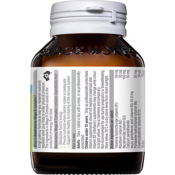 Blackmores Mega B Complex Energy Support Vitamin B12 Tablets 75 pack – high-strength B vitamin supplement for energy, metabolism, and nervous system support