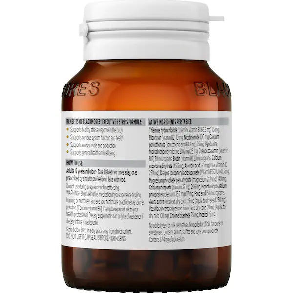 Blackmores Executive B Stress Formula 62 Pack is a dietary supplement designed to support mental clarity and stress management. The bottle contains 62 tablets, offering a convenient and effective way to manage stress and promote overall wellbeing.