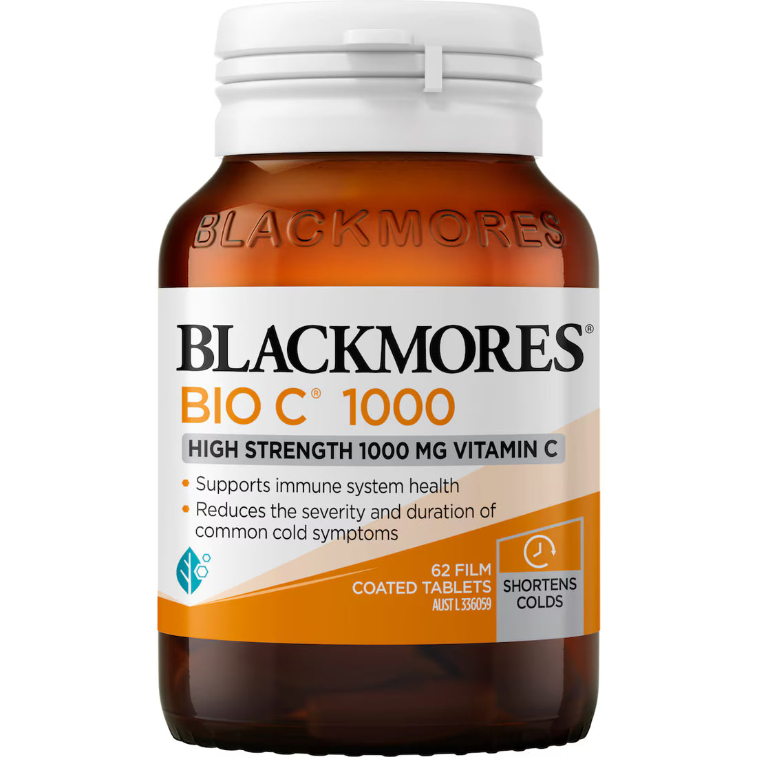 Blackmores Bio C 1000mg Vitamin C Immune Support Tablets 62 pack with a white bottle, showcasing the product label and packaging design.